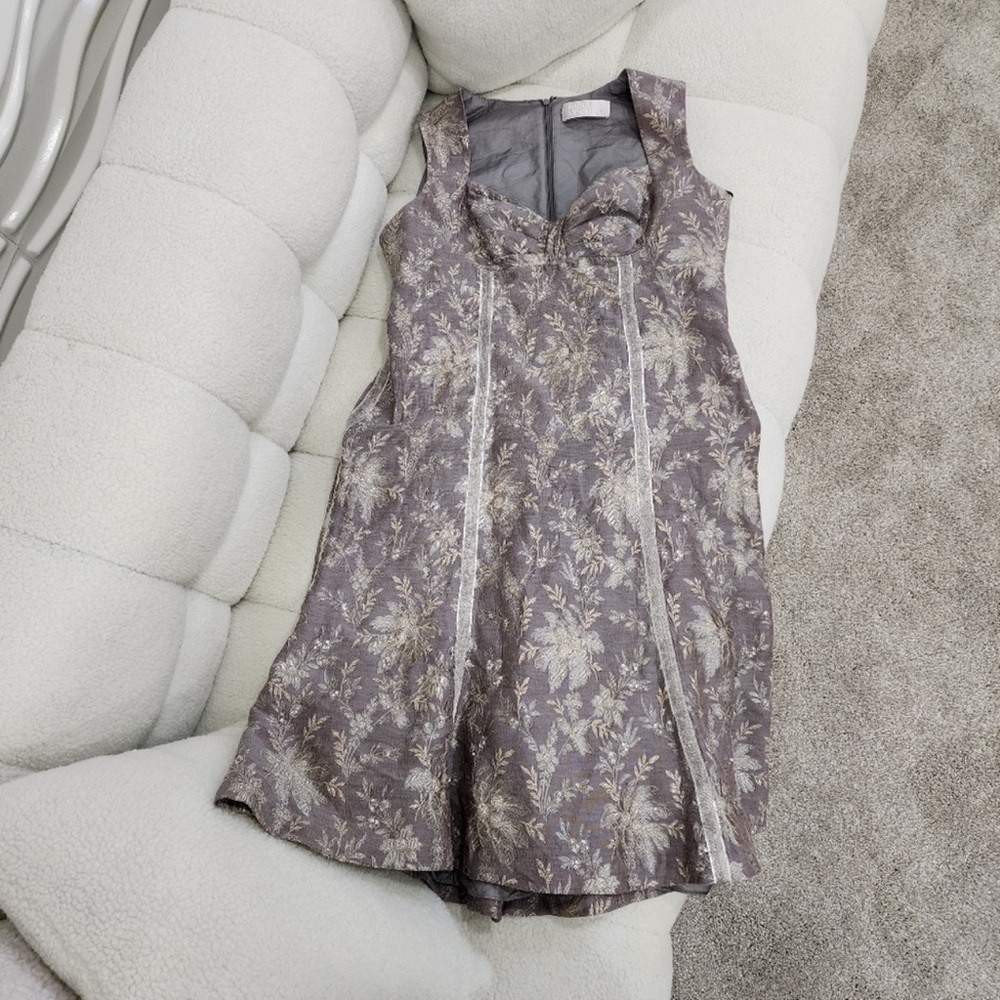 Badgley Mischka Jacquard Shimmer Godet Dress Beaded Floral